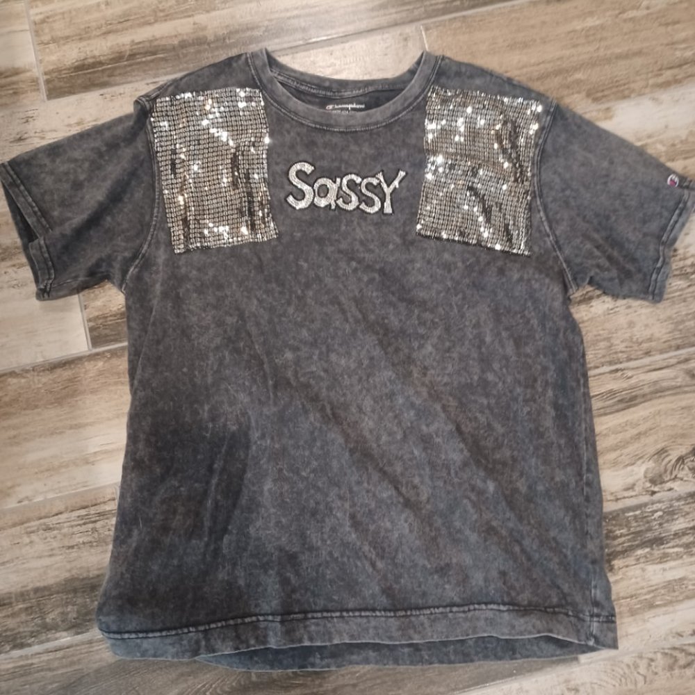 Champion Sassy Bling Black Crew Neck T-Shirt Size Large Distressed